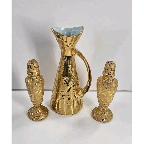Vtg Savoy Weeping Gold Mid Century Modern MCM Vase Plus Salt and Pepper Shakers - Picture 2 of 14
